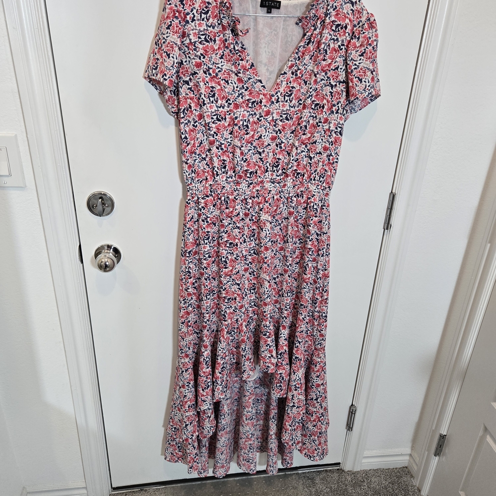 1. State Hi-lo Pink Floral V-Neck Midi Dress